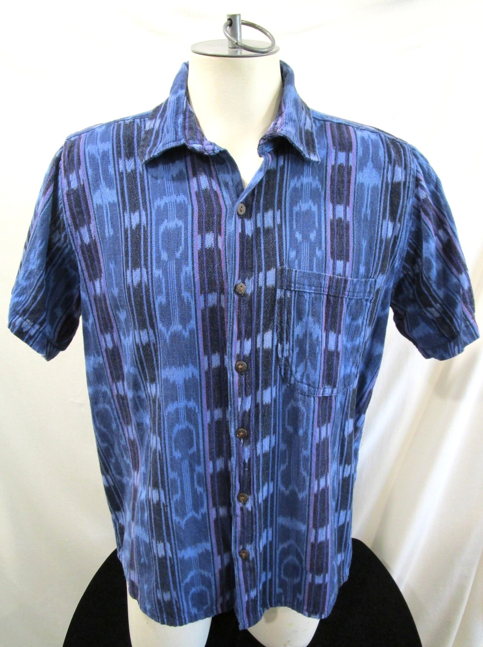 VTG Guatemalan Handmade Indigo Blue Cotton Ikat Button Up Shirt Men Sz L